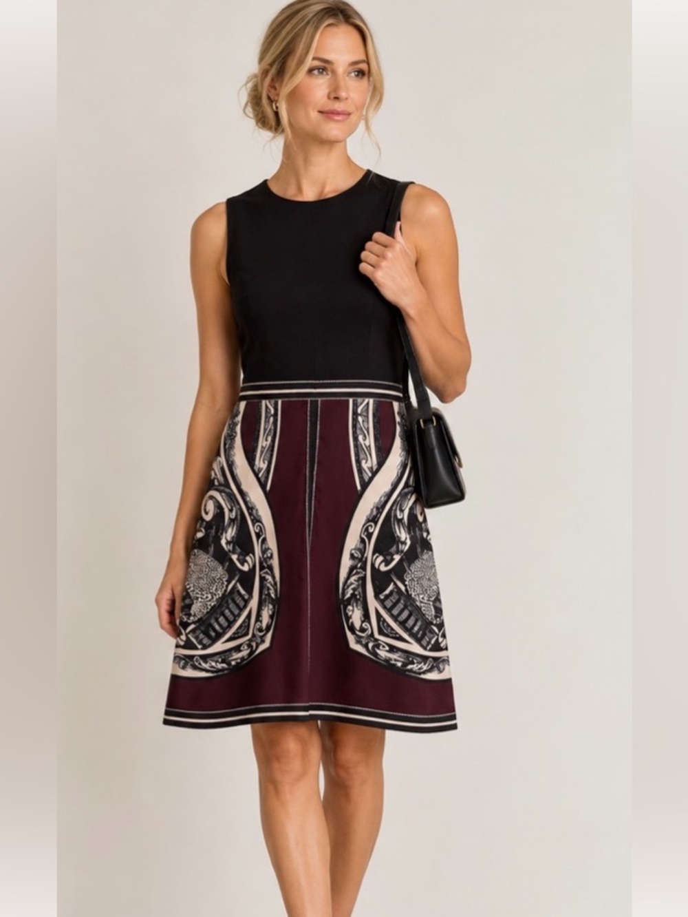 DKNY Black Bodice with Burgundy and Cream Patterned Skirt Mini Dress